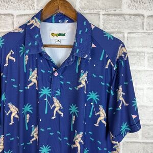 Tipsy Elves Blue Bigfoot Golfer AOP Performance Golf Polo Mens LARGE Stretch